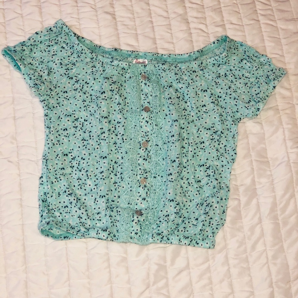 Flower Off the Shoulder Button Front Ruffled Top